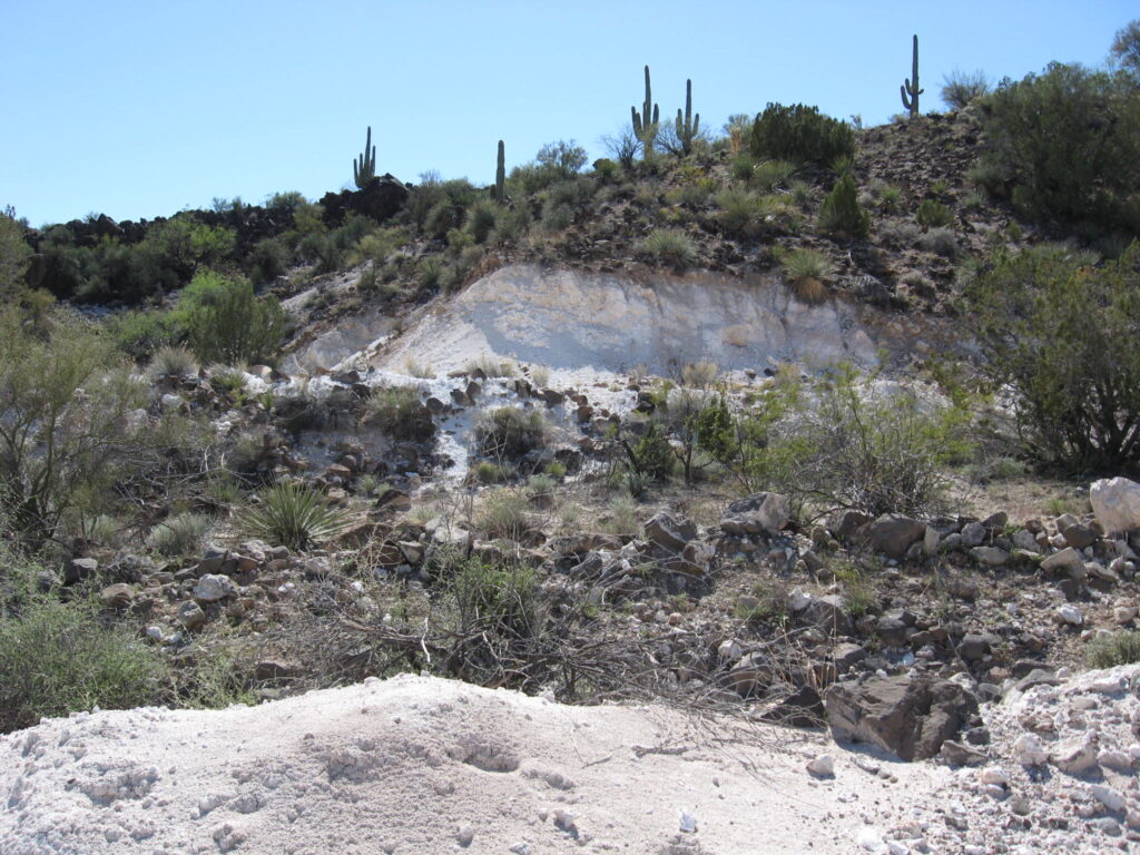 Magnesite deposits in the hillsides.
